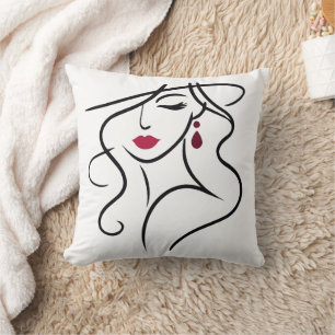 Elegant Woman Line Art with Red Lips and Earring Throw Pillow