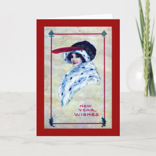 Elegant Woman, New Year Wishes 1915 Vintage Holiday Card