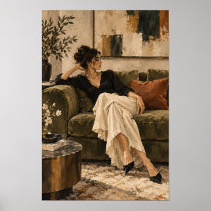 Elegant Woman on Velvet Sofa Contemporary Figurati Poster