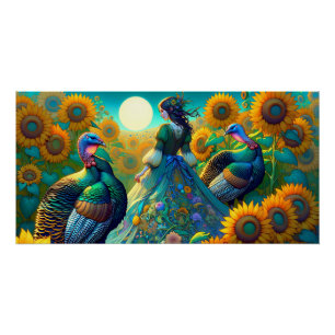 Elegant Woman, Turkey and Sunflowers Poster