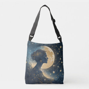 Elegant Woman Under the Golden Moon & Stars Crossbody Bag