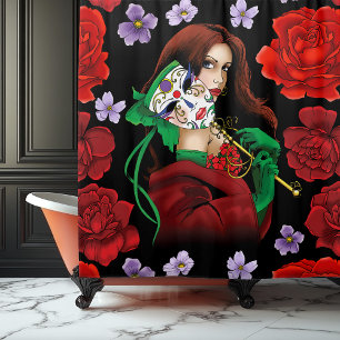 Elegant Woman Venetian Mask Red Green