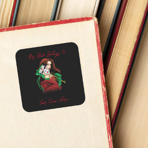 Elegant Woman Venetian Mask Red Green Bookplate Square Sticker