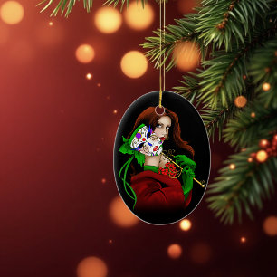 Elegant Woman Venetian Mask Red Green Ceramic Ornament