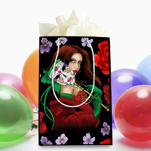 Elegant Woman Venetian Mask Red Green Medium Gift Bag