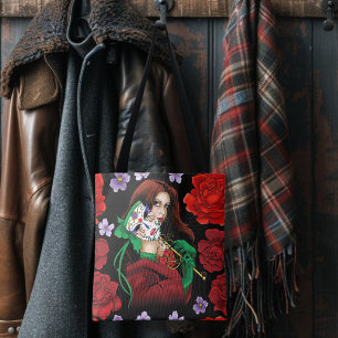 Elegant Woman Venetian Mask Red Green Tote Bag