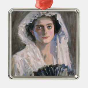 Elegant Woman with a Black Fan (Fujishima Takeji) Metal Ornament