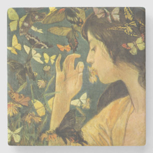 Elegant Woman With Beautiful Butterflies Stone Coaster