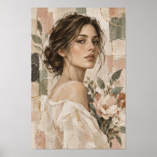 Elegant Woman with Flowers Soft Neutral Figurative Poster
