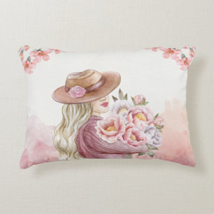 Elegant Woman with Peonies Watercolor Art Print Accent Pillow