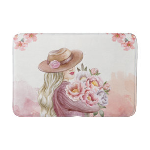 Elegant Woman with Peonies Watercolor Art Print Bath Mat