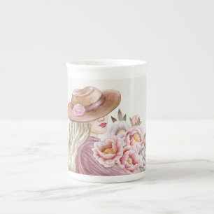 Elegant Woman with Peonies Watercolor Art Print Bone China Mug