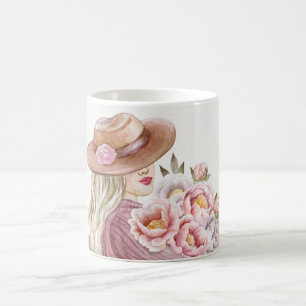 Elegant Woman with Peonies Watercolor Art Print Coffee Mug