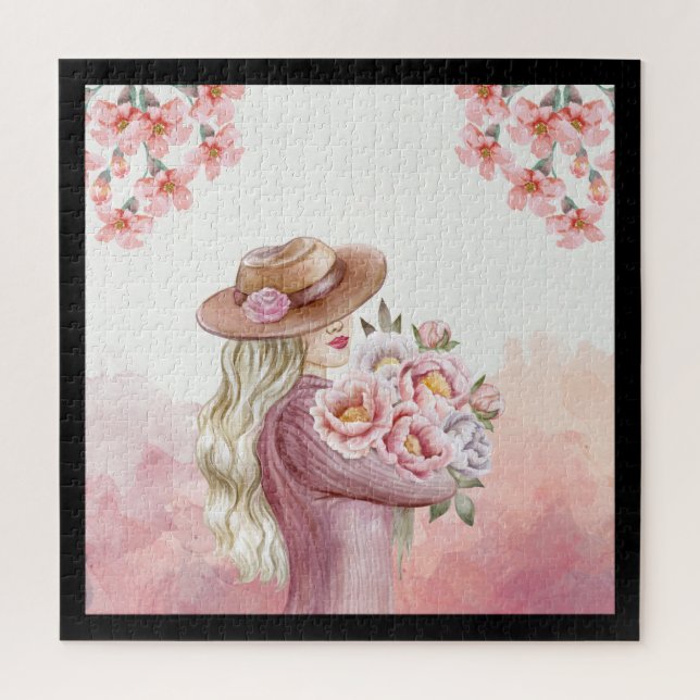 Elegant Woman with Peonies Watercolor Art Print Jigsaw Puzzle (Vertical)