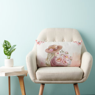 Elegant Woman with Peonies Watercolor Art Print Lumbar Pillow