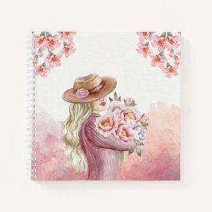Elegant Woman with Peonies Watercolor Art Print Notebook
