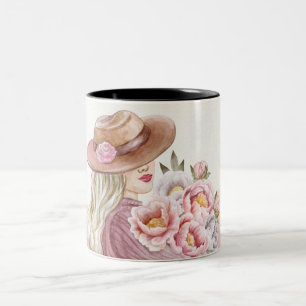 Elegant Woman with Peonies Watercolor Art Print Two-Tone Coffee Mug