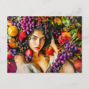 Elegant woman with pomegranate grapes and floral c postcard