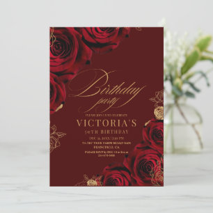 Elegant Woman's Birthday Party Golden Red Rose Invitation