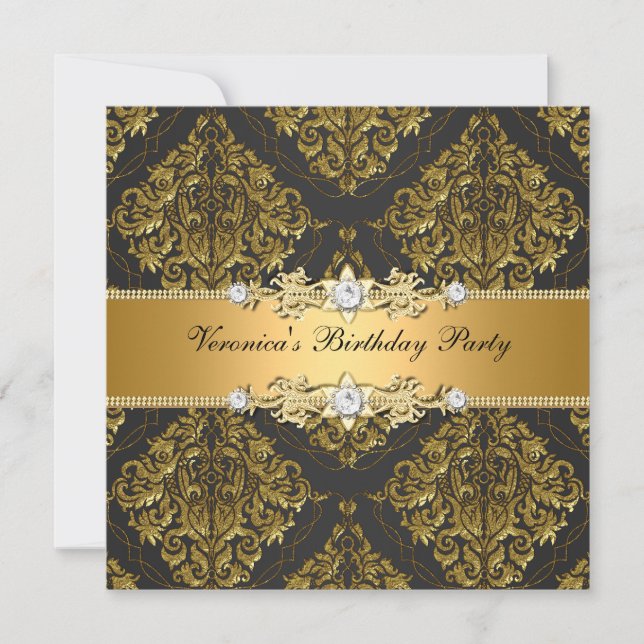 Elegant Womans Gold Black Damask Birthday Party Invitation (Front)