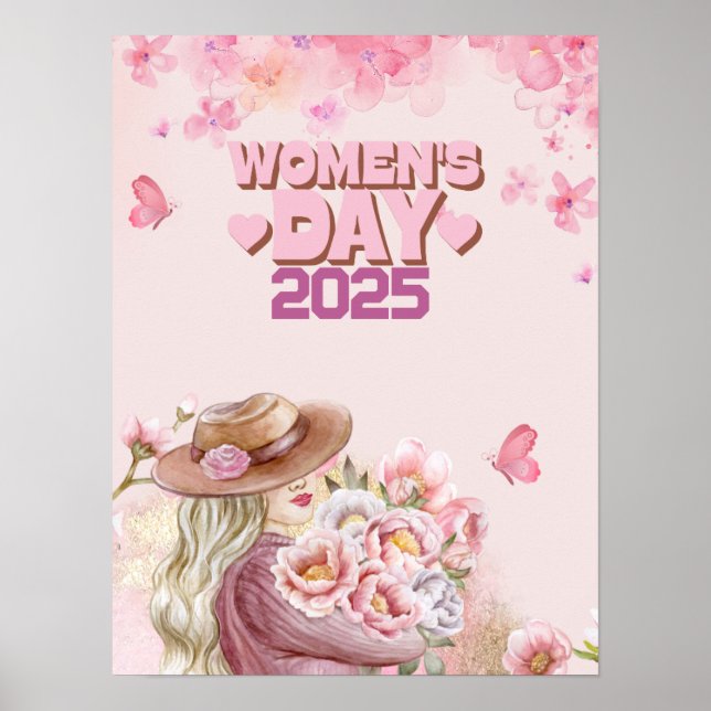 Elegant Women's Day 2025 with Pink Floral Design Poster (Front)