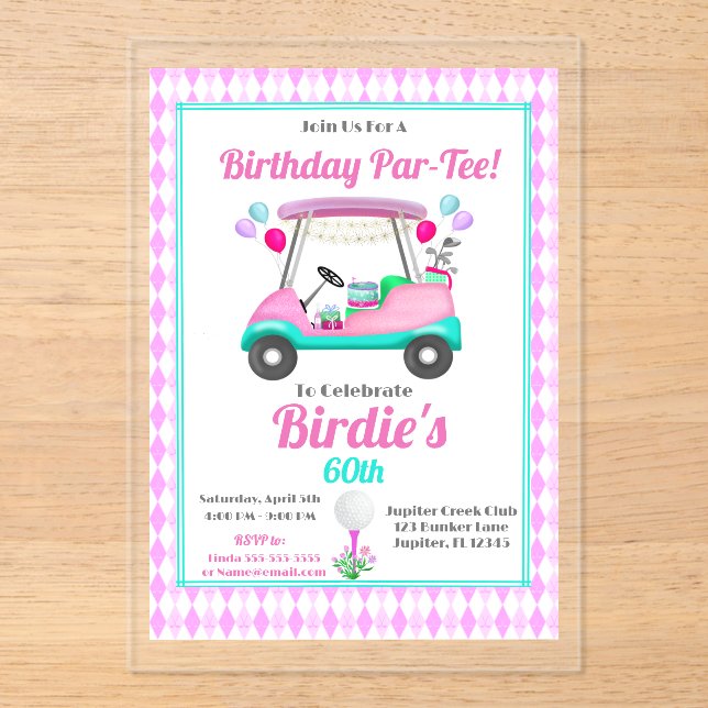 Elegant Women's Golf Party Cart Birthday  Acrylic Invitations (Front)