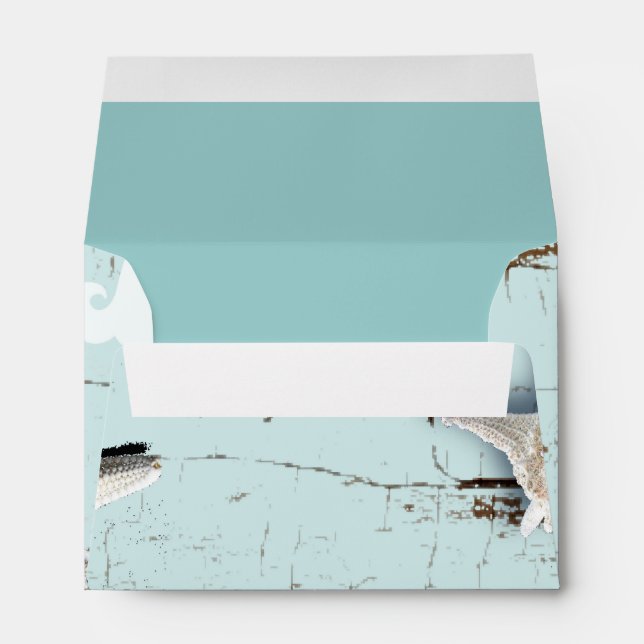 Elegant wood BLue Seashells Beach Wedding Envelope (Back (Bottom))