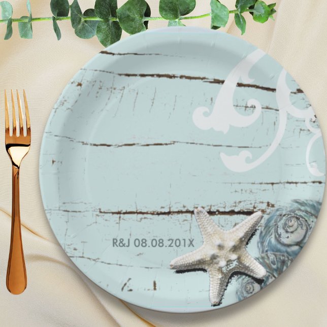 Elegant wood BLue Seashells Beach Wedding favour Paper Plate (Elegant wood BLue Seashells Beach Wedding favor Paper Plates)