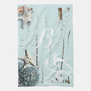 Elegant wood BLue Seashells Beach Wedding Kitchen Towel