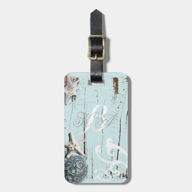 Elegant wood BLue Seashells Beach Wedding Luggage Tag (Front Vertical)