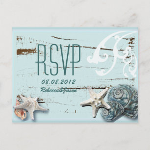 Elegant wood BLue Seashells Beach Wedding rsvp Invitation Postcard