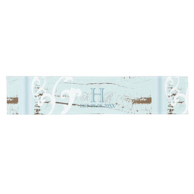 Elegant wood BLue Seashells Beach Wedding Short Table Runner (Horizontal)