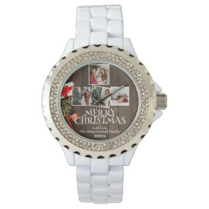 Elegant wood Merry Christmas Family Photo Collage Watch