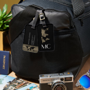 Elegant Wood Travel World Map Monogrammed Name Luggage Tag