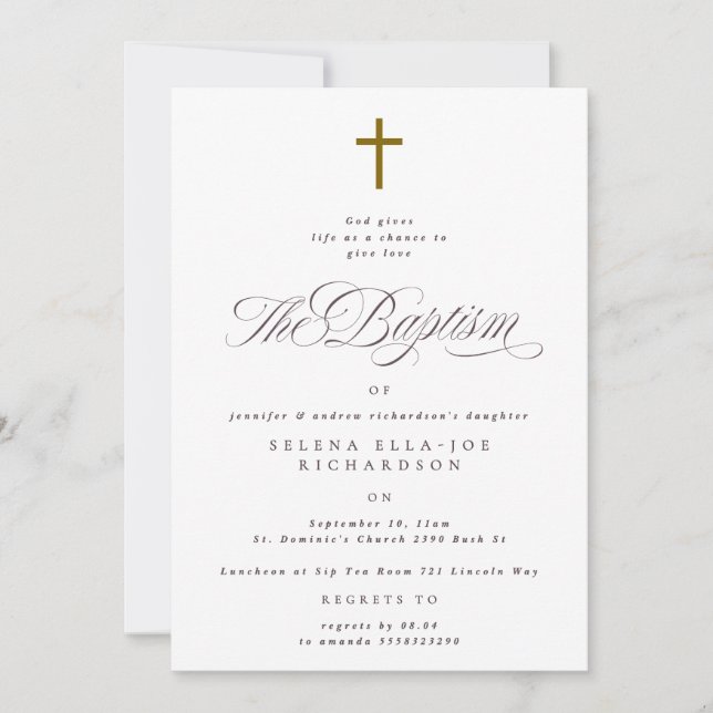 Elegant Wooden Cross Calligraphy Baptism Invitation (Front)