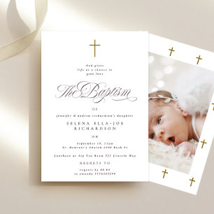 Elegant Wooden Cross Calligraphy Photo Baptism Invitation