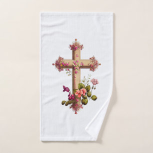 Elegant Wooden Cross with Pink Flowers Bath Towel Set