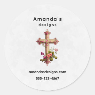 Elegant Wooden Cross with Pink Flowers Business Classic Round Sticker
