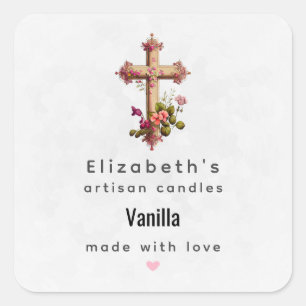 Elegant Wooden Cross with Pink Flowers Candle Biz Square Sticker