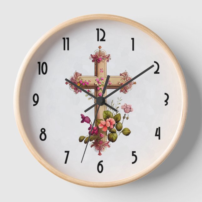 Elegant Wooden Cross with Pink Flowers Clock (Front)