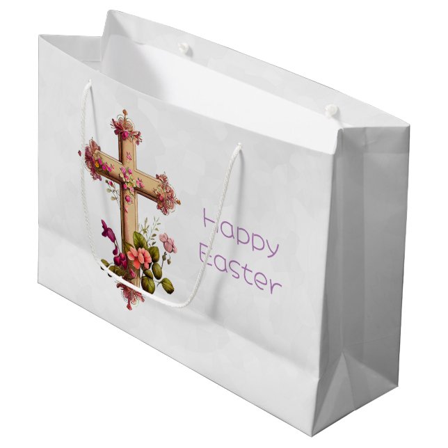 Elegant Wooden Cross with Pink Flowers Easter Large Gift Bag (Front Angled)