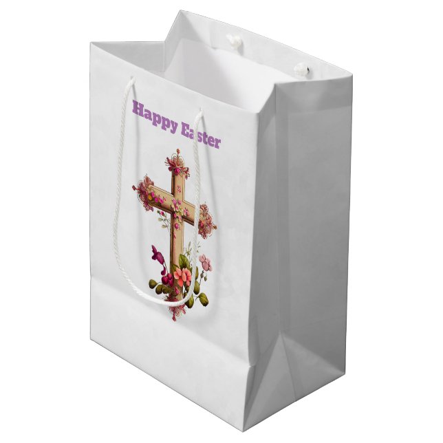 Elegant Wooden Cross with Pink Flowers Easter Medium Gift Bag (Front Angled)