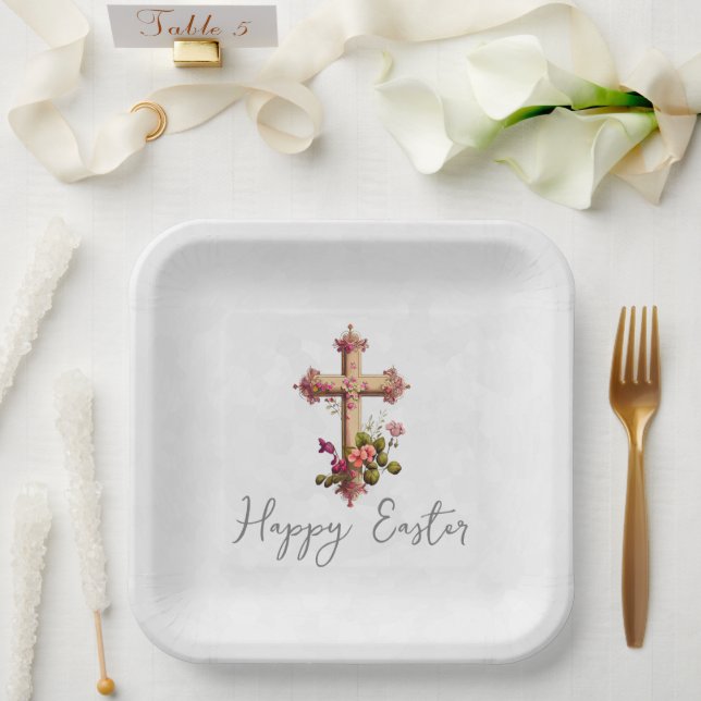 Elegant Wooden Cross with Pink Flowers Easter Paper Plate (Wedding)