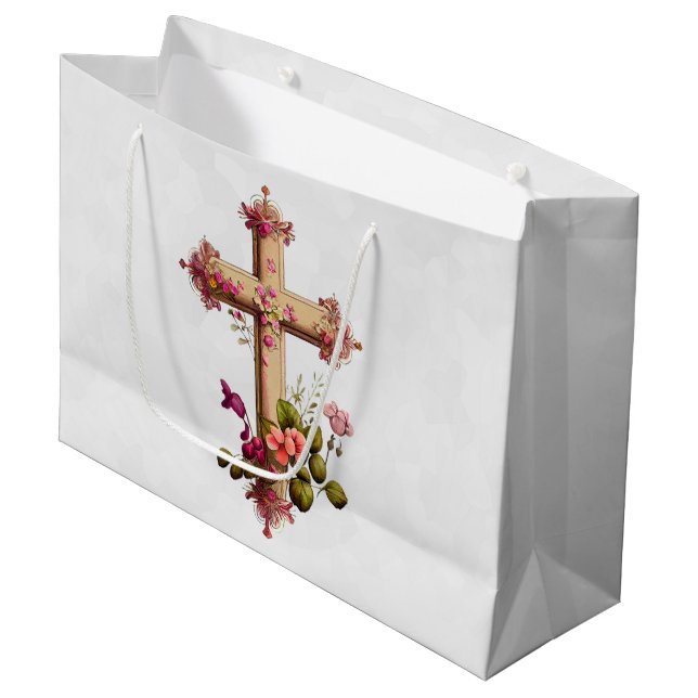 Elegant Wooden Cross with Pink Flowers Large Gift Bag (Front Angled)