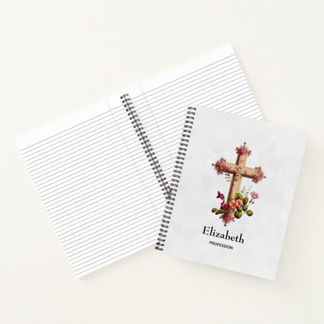 Elegant Wooden Cross with Pink Flowers Notebook (Inside)
