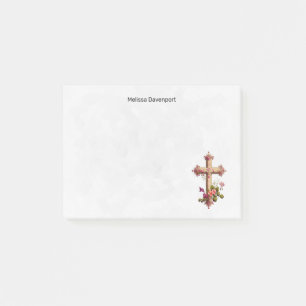 Elegant Wooden Cross with Pink Flowers Post-it Notes