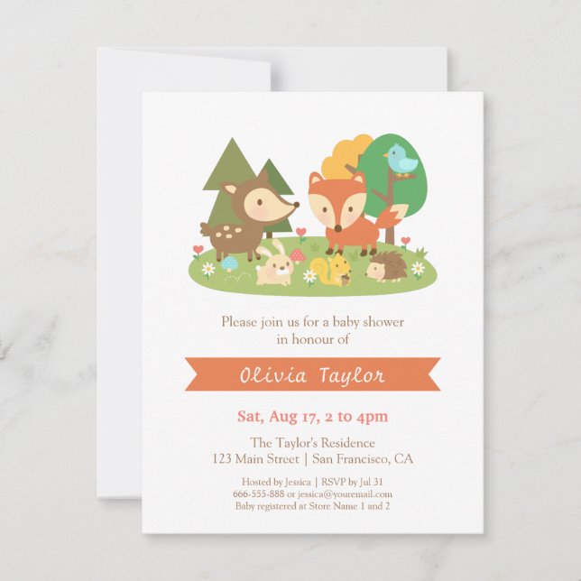 Elegant Woodland Animal Baby Shower Invitations (Front)
