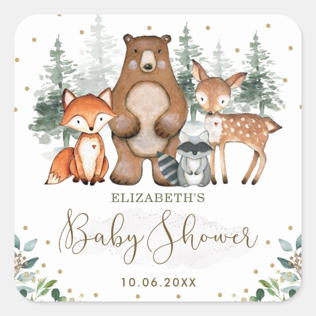 Elegant Woodland Animals Forest Greenery Gold Square Sticker (Front)