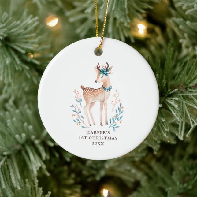 Elegant Woodland Deer Baby First Christmas Custom Ceramic Ornament (Tree)
