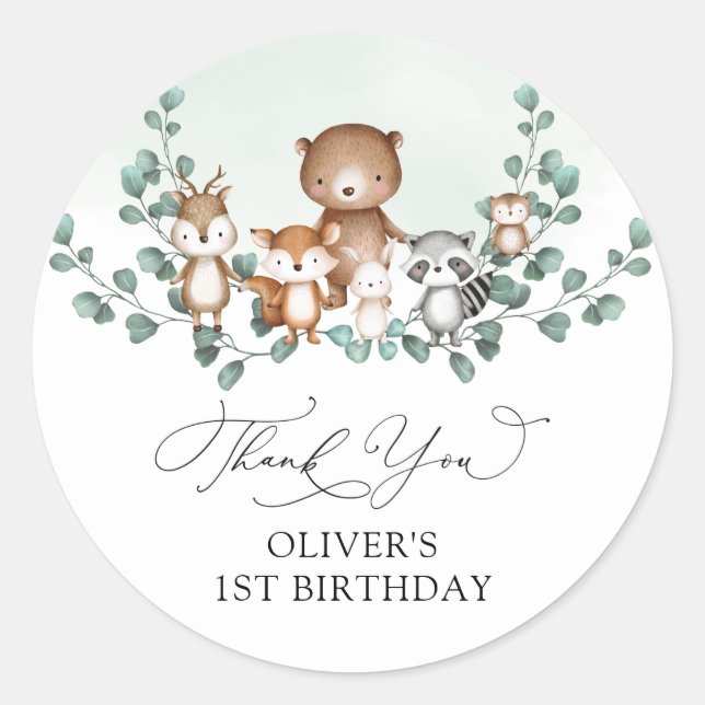 Elegant Woodland Eucalyptus Greenery Baby Animals Classic Round Sticker (Front)